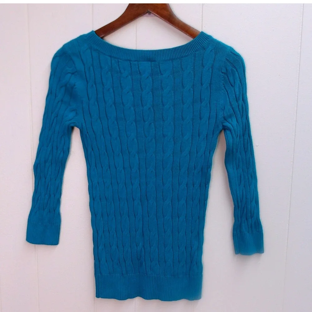 Ann Taylor Loft Teal Cable Knit V‎ Neck Sweater Women's XS / #1216